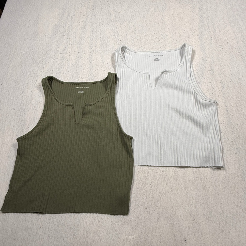 American Eagle Ribbed Notched Tank Top 2 Pack Olive Green Grey Womens Large